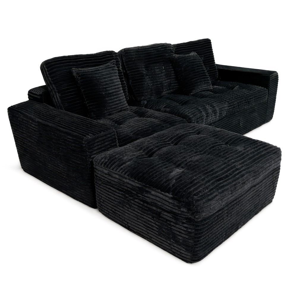Modular Cloud Sectional Sofa 105" w/ Ottoman, All-Foam, Faux Fur, Black