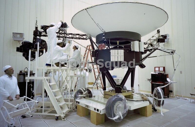 Engineers working on NASA 1977 Voyager 2 spacecraft on March 4590