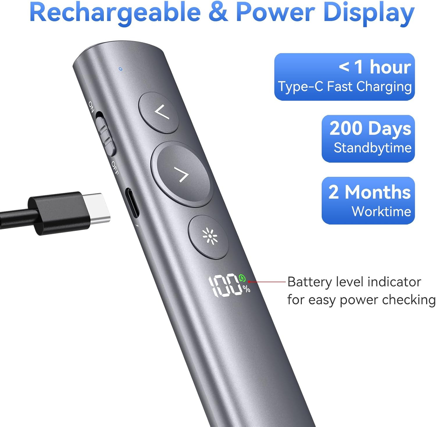 Rechargeable Presentation Clicker with Red Laser Pointer for Powerpoint, Power D