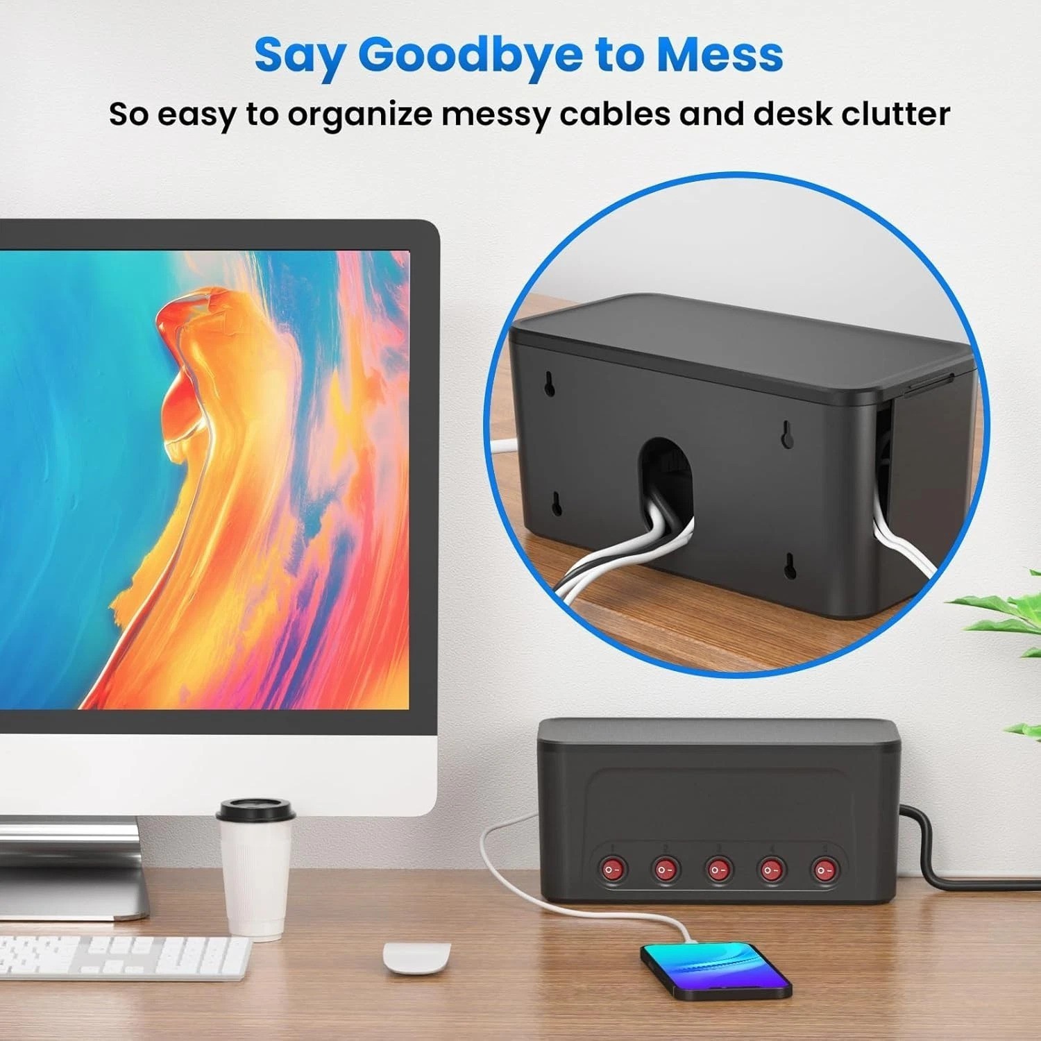 Black Power Strip Box: 10 AC + 3 USB Surge Protector, Cable Management, PD 20...