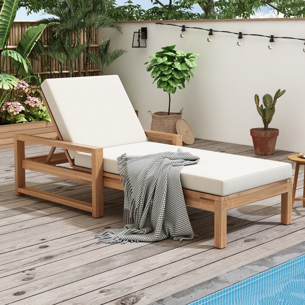 Adjustable Outdoor Lounge Recliner Chair w/Cushion Pool Backyard Deck Lawn Wood