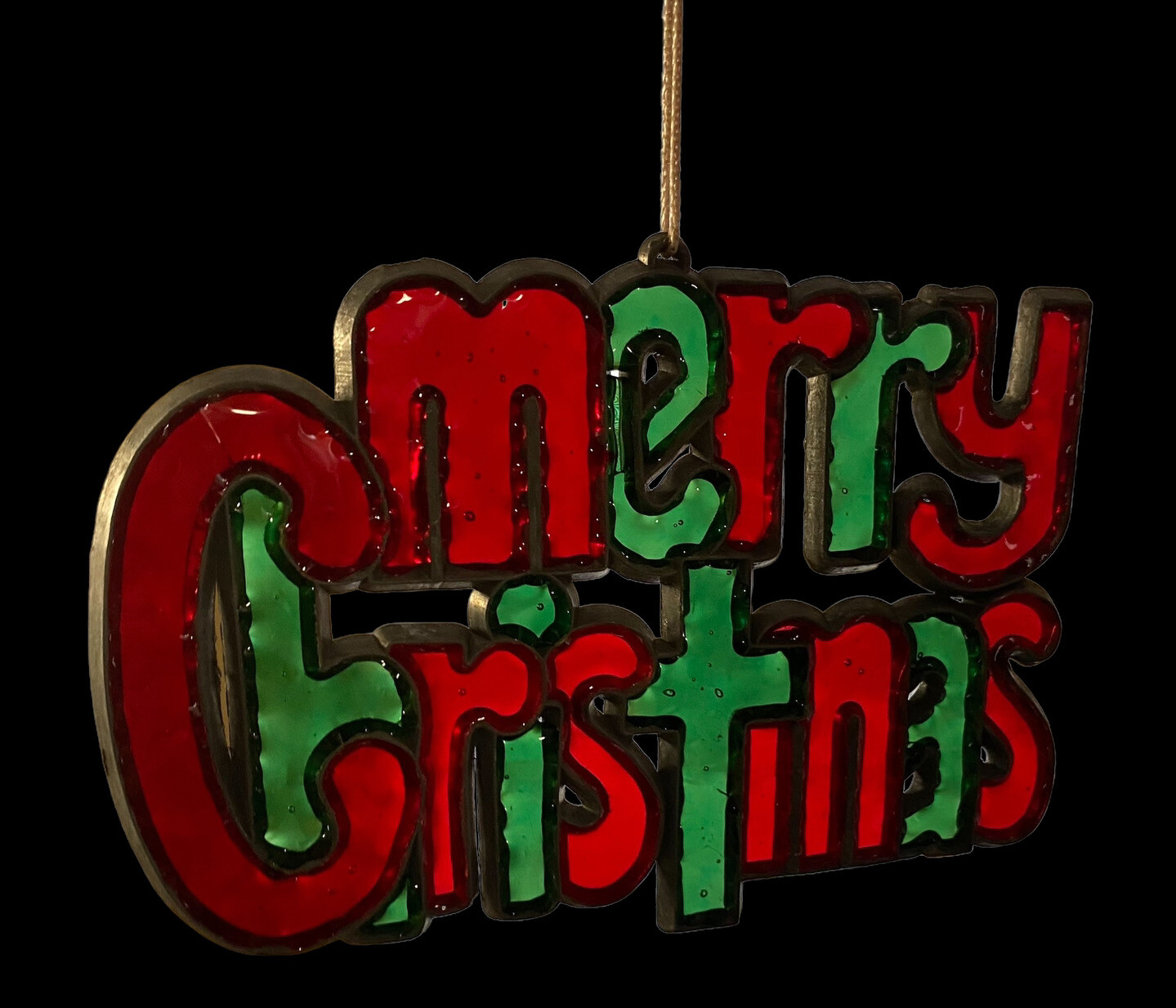 vintage Merry Christmas stained glass suncatcher red green 5” X 4”