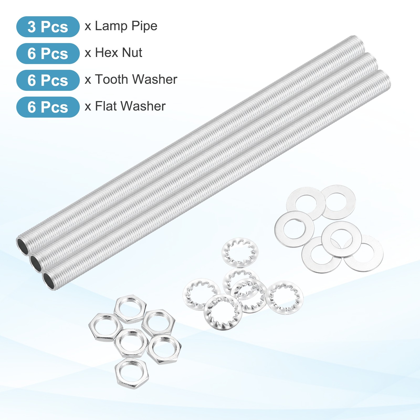 21Pcs 9.8" M10 Lamp Pipe Kit with Lock Nuts Washers for Assembly, Silver