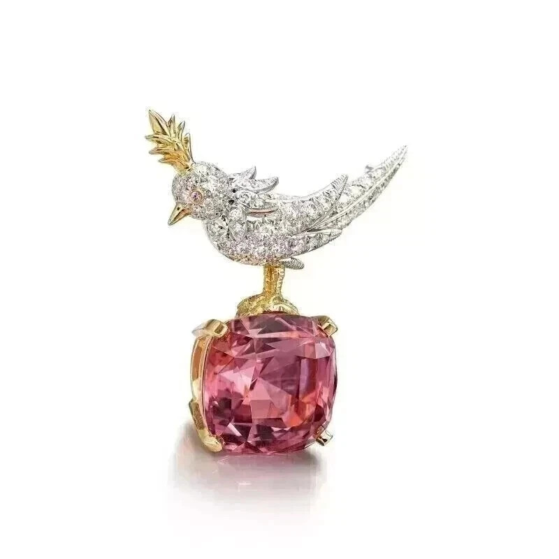 5.00CT Cushion Cut Lab-Created 14K Two Tone Gold FinishPink Ruby Bird Brooch Pin