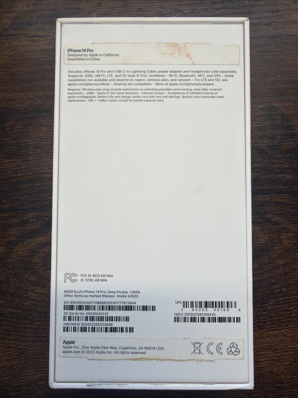 APPLE iPhone 14 Pro Deep Purple 128GB- Box ONLY
