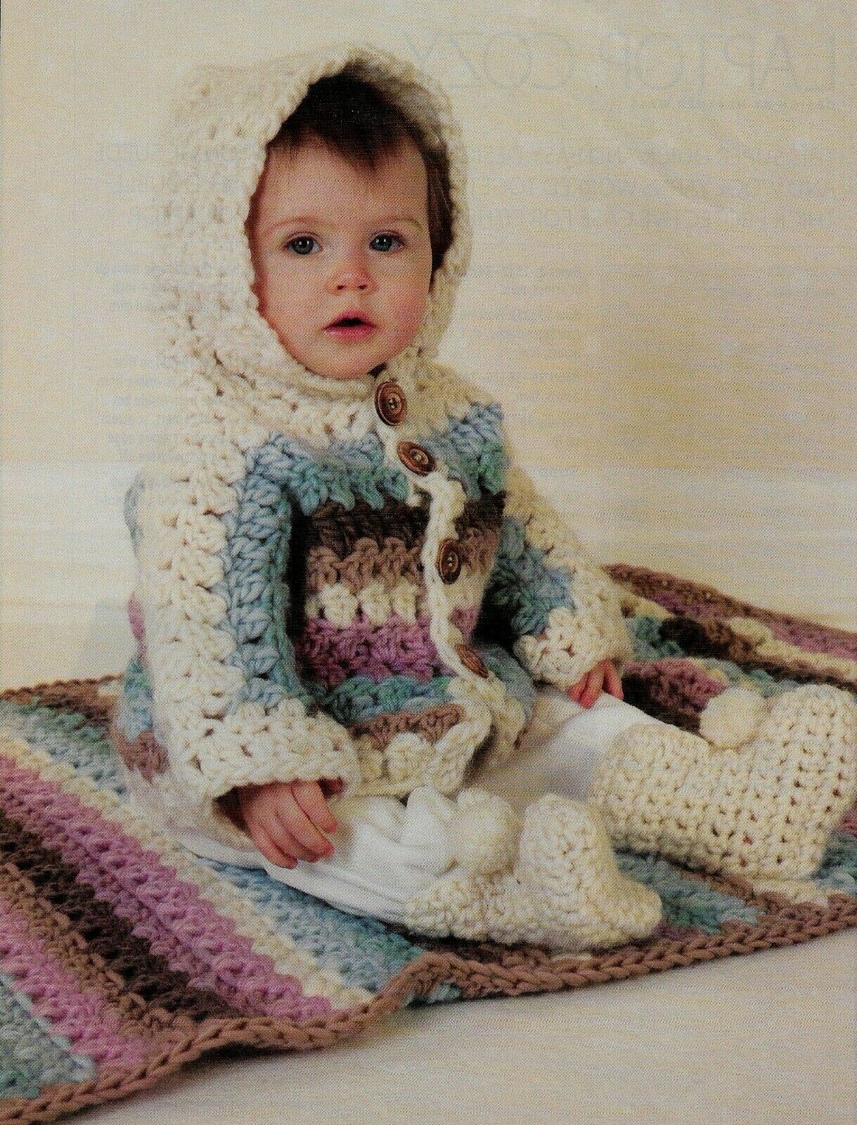 ESKIMO BABY JACKET BOOTIES & AFGHAN CROCHET PATTERN INSTRUCTIONS