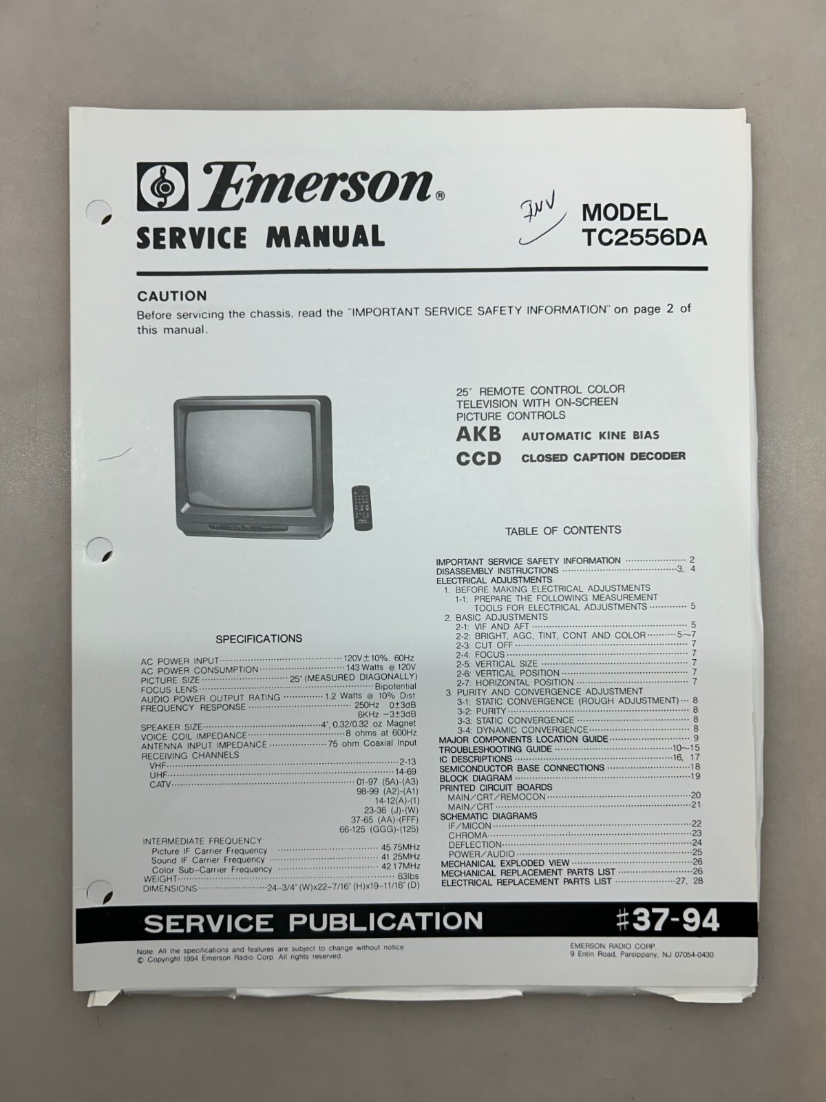 Emerson TC2556DA Original Service Manual Free Shipping