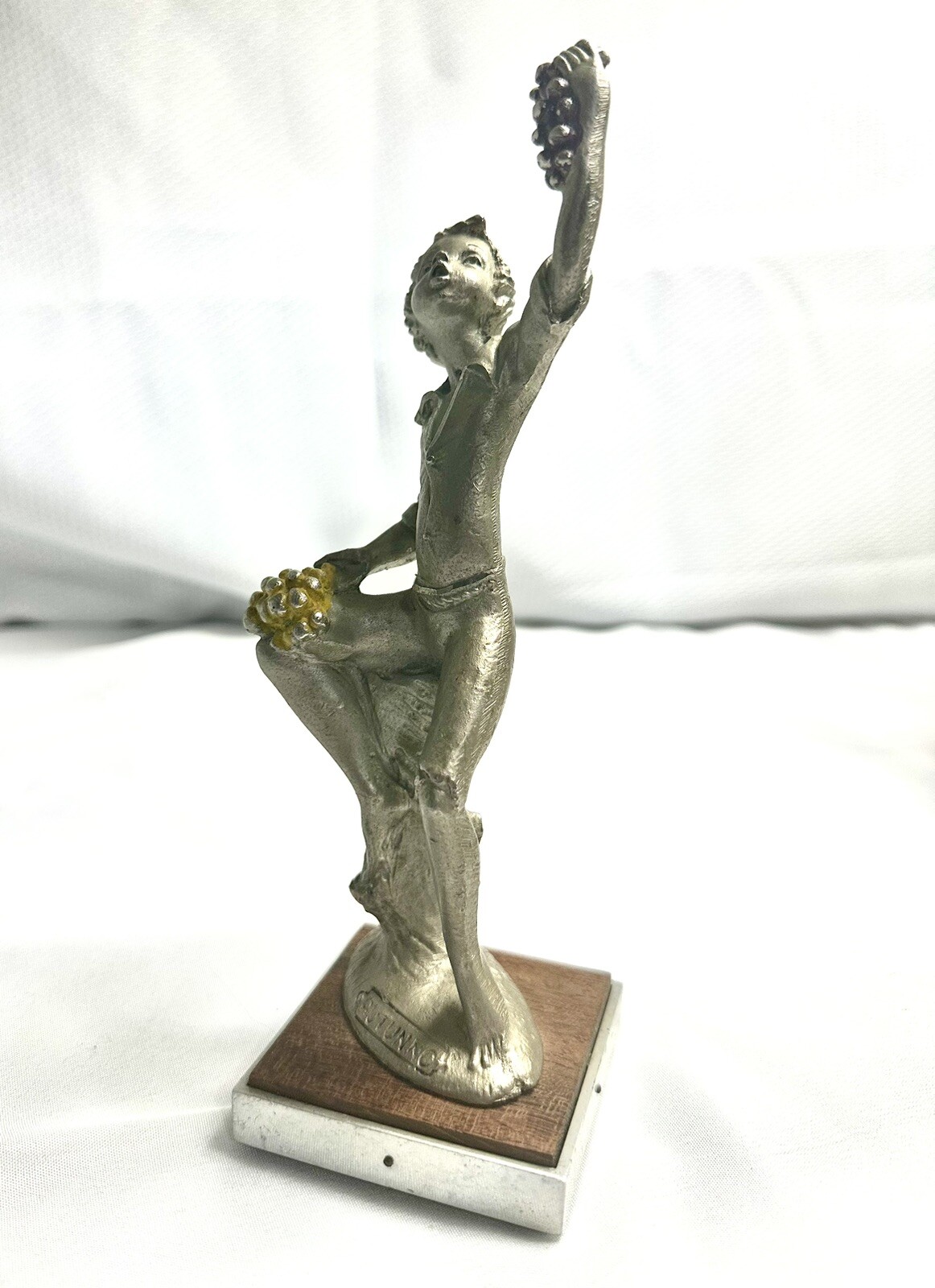 Vintage Signed AUTUNNO Boy Eating Grapes Sculpture Wooden Base Italy Art Deco