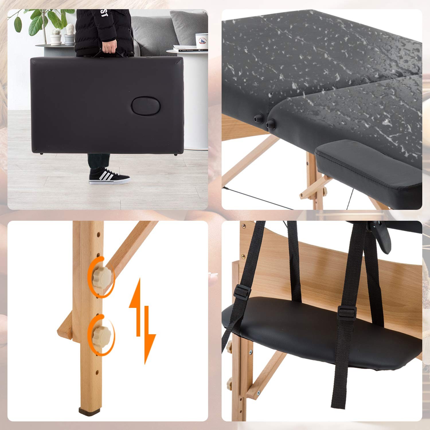 Portable Massage Table Spa Bed Height Adjustable 2 Folding 28 Inch Wide Black Ca