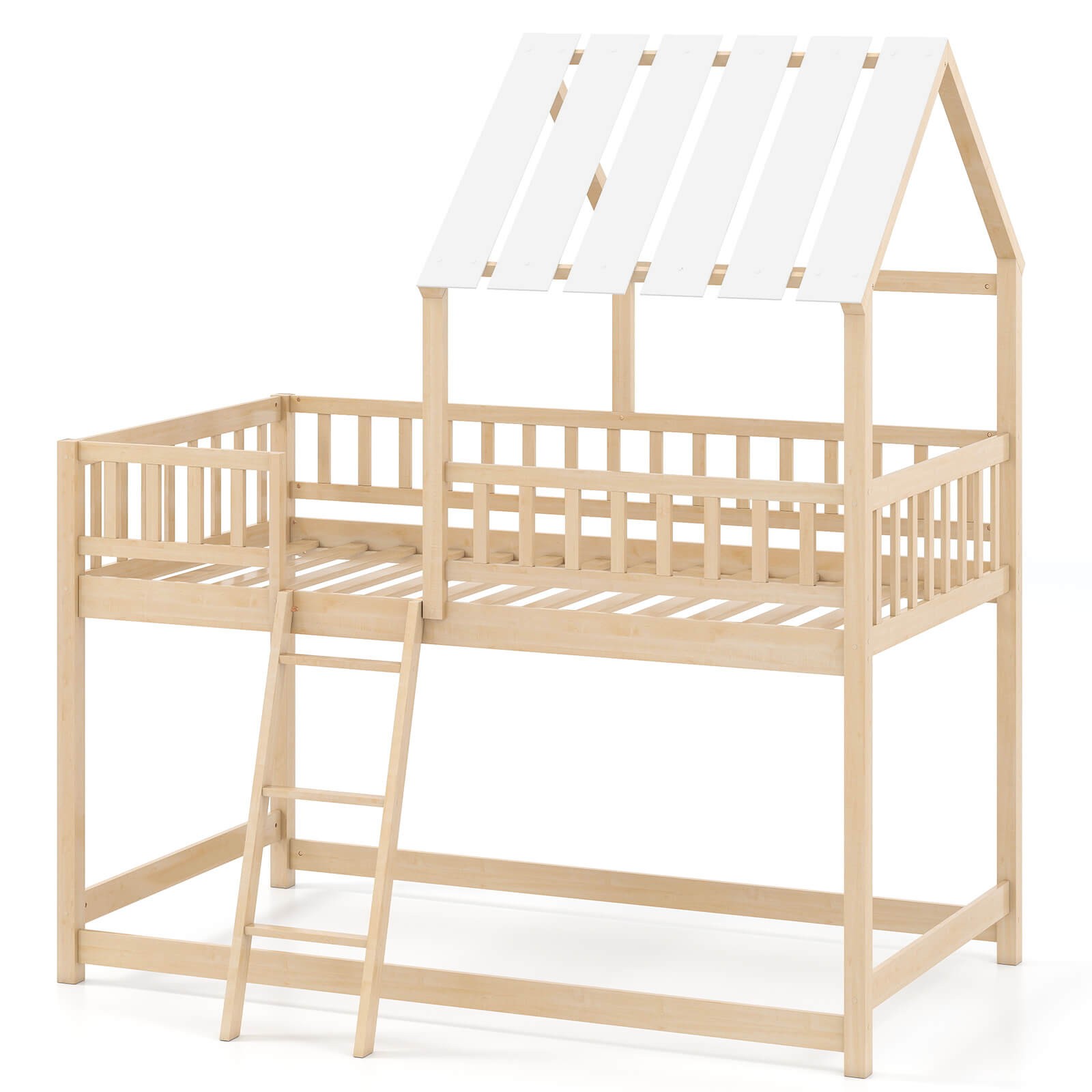 Twin Over Twin House Bunk Bed w/Roof, Ladder & Full-length Guardrails for Kids