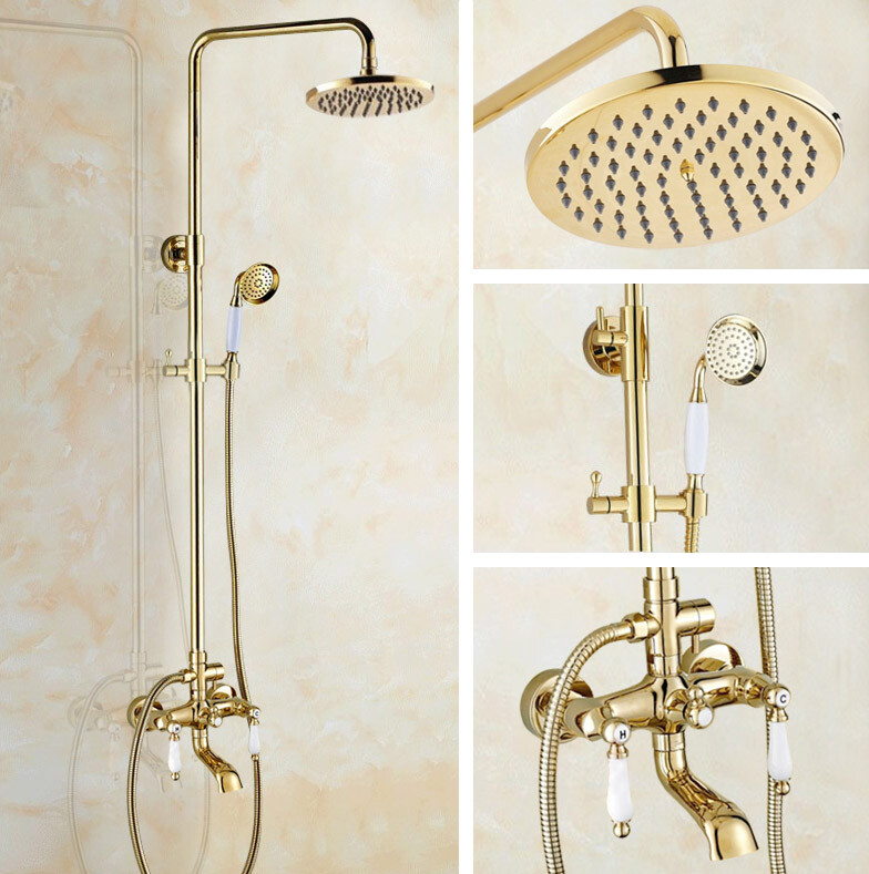 Luxury Gold Brass Rain Bathroom Rainfall Shower Faucet Set Tub Mixer Tap 2gf374