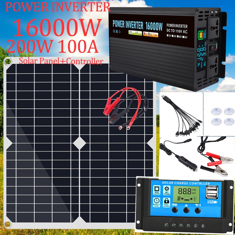 100A Solar Panel Kit 16000W Power Inverter Generator 200W Home 110V Grid System