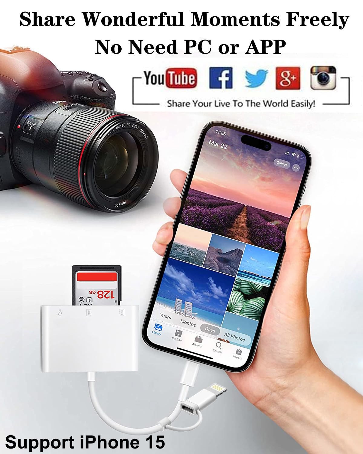 Apple MFi Certified SD Card Reader for iPhone, USB-C & Lightning to 3 Slots