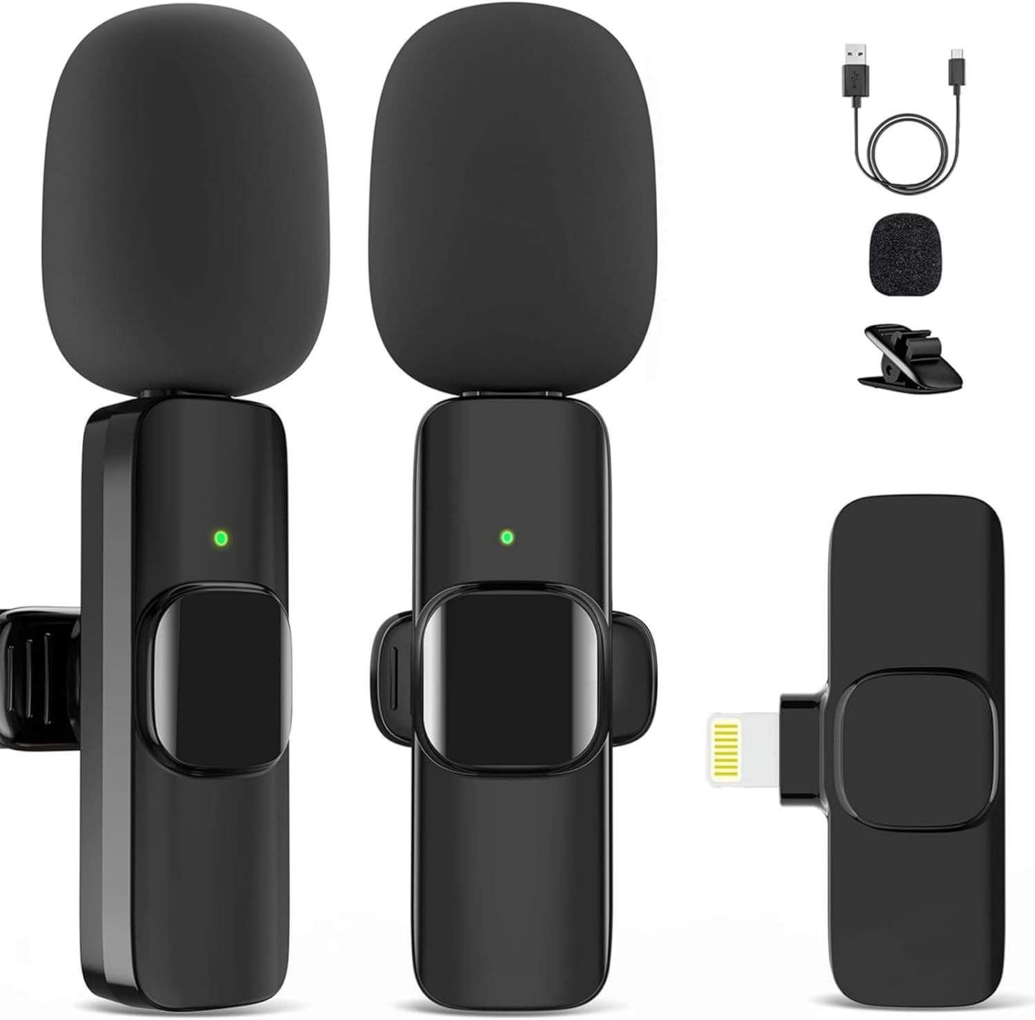 Microphone for iPhone, 2 Pack Wireless Microphones, Mini Mic, Lavalier, Black