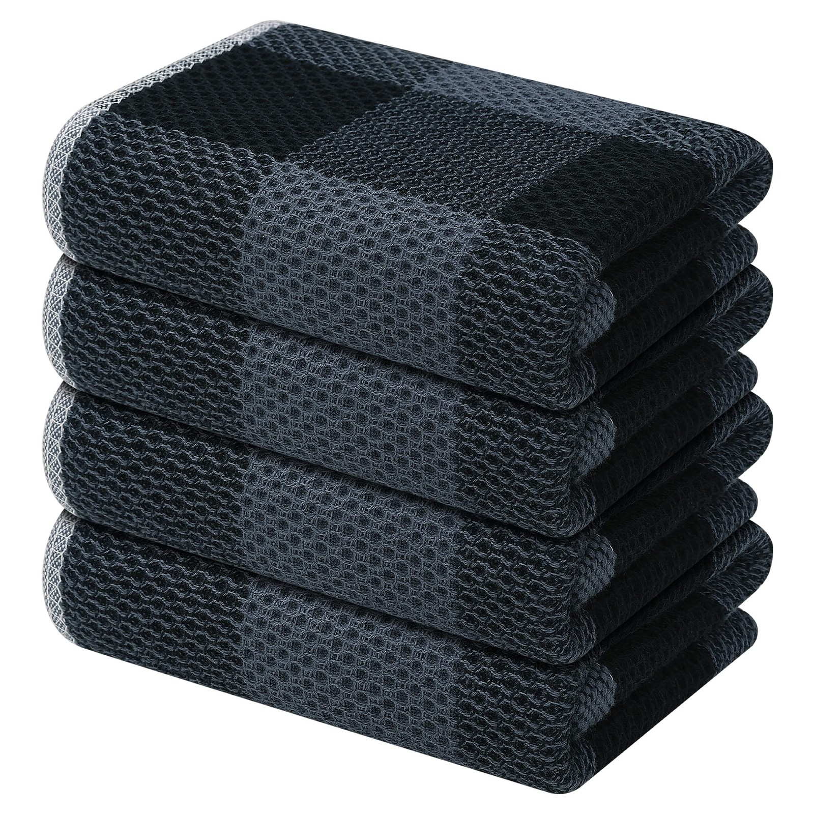 Super Soft 100% Cotton Waffle Kitchen Towels, 4-Pack, Black & Grey Check
