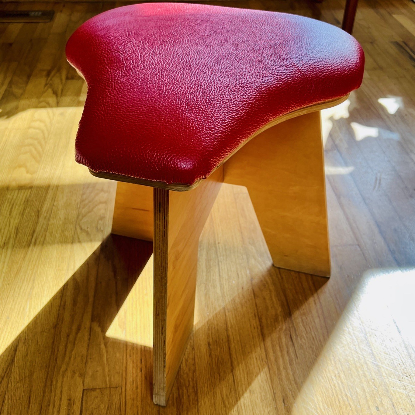 Scandinavian Sculptural Plywood Stool Red Leather Seat Danish Modern Style