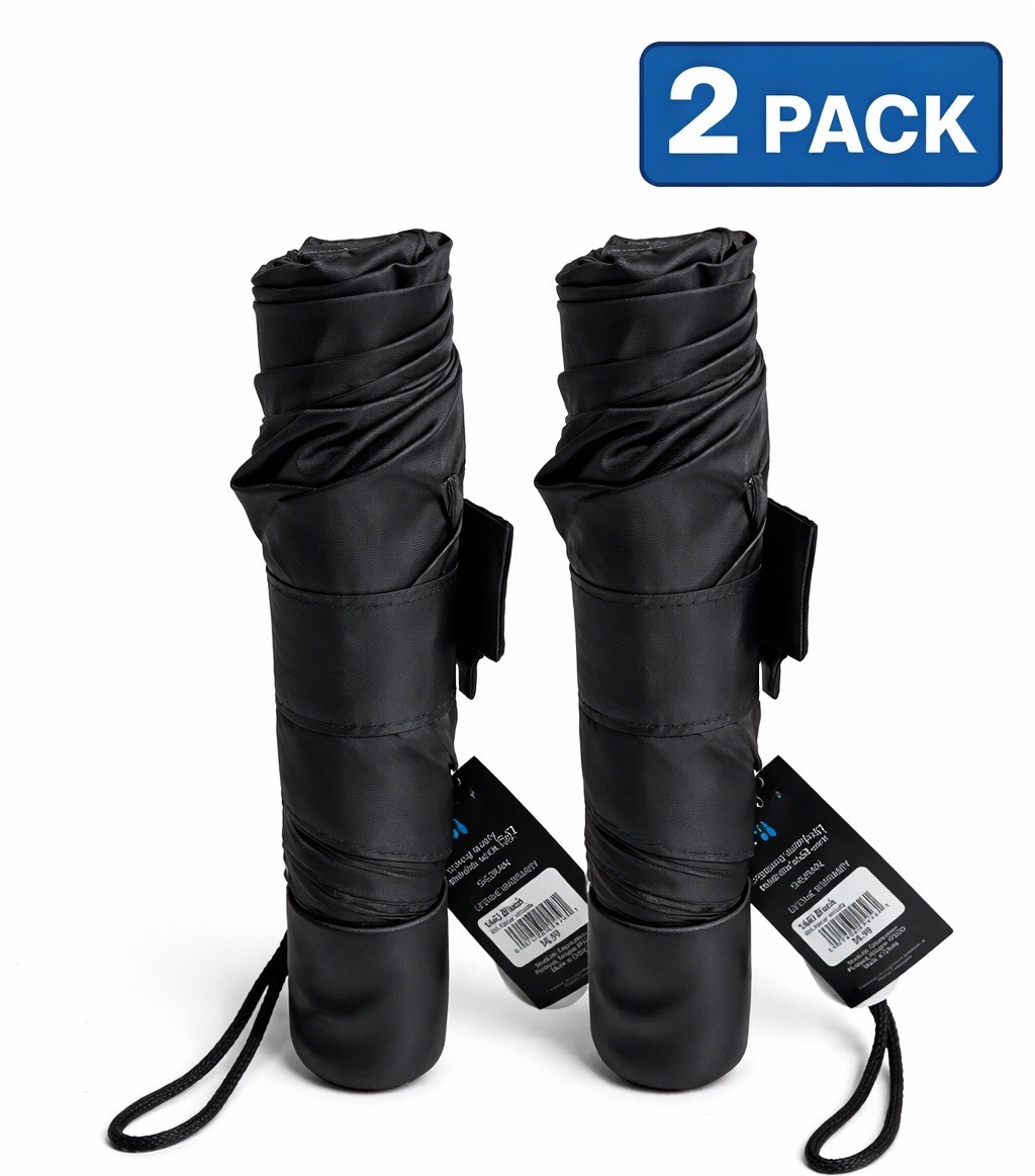 2 Pack Mini Travel Umbrella Black Compact Portable Manual Open Rain Essentials