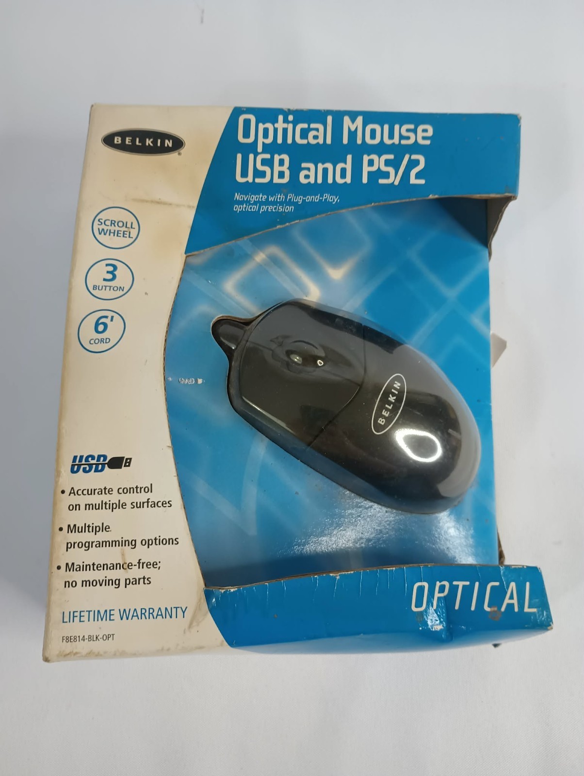 Belkin Optical Mouse USB/PS2 6 ft cord New in Box F8E814 Black Vintage Computer