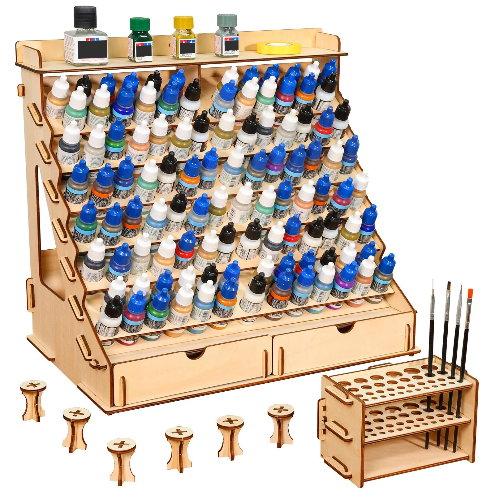 CACEJO Paint Organizer with Brush Holder – 105-Bottle Holder with 6 Miniature...