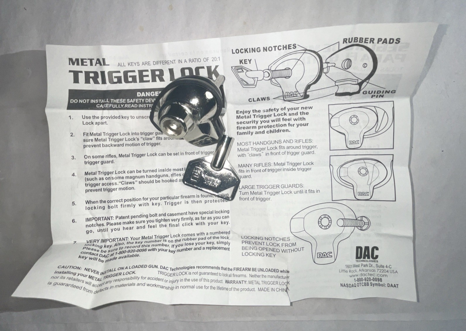 DAC Technologies Metal Trigger Lock Chrome with Key for Handguns Rifles Shotguns