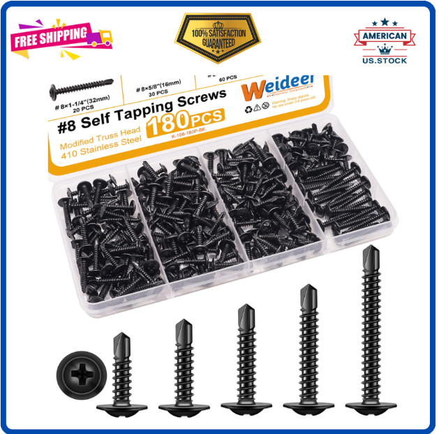 180pcs #8 Self Tapping Screws for Metal, Sheet Metal Screws, 410 Stainless Steel