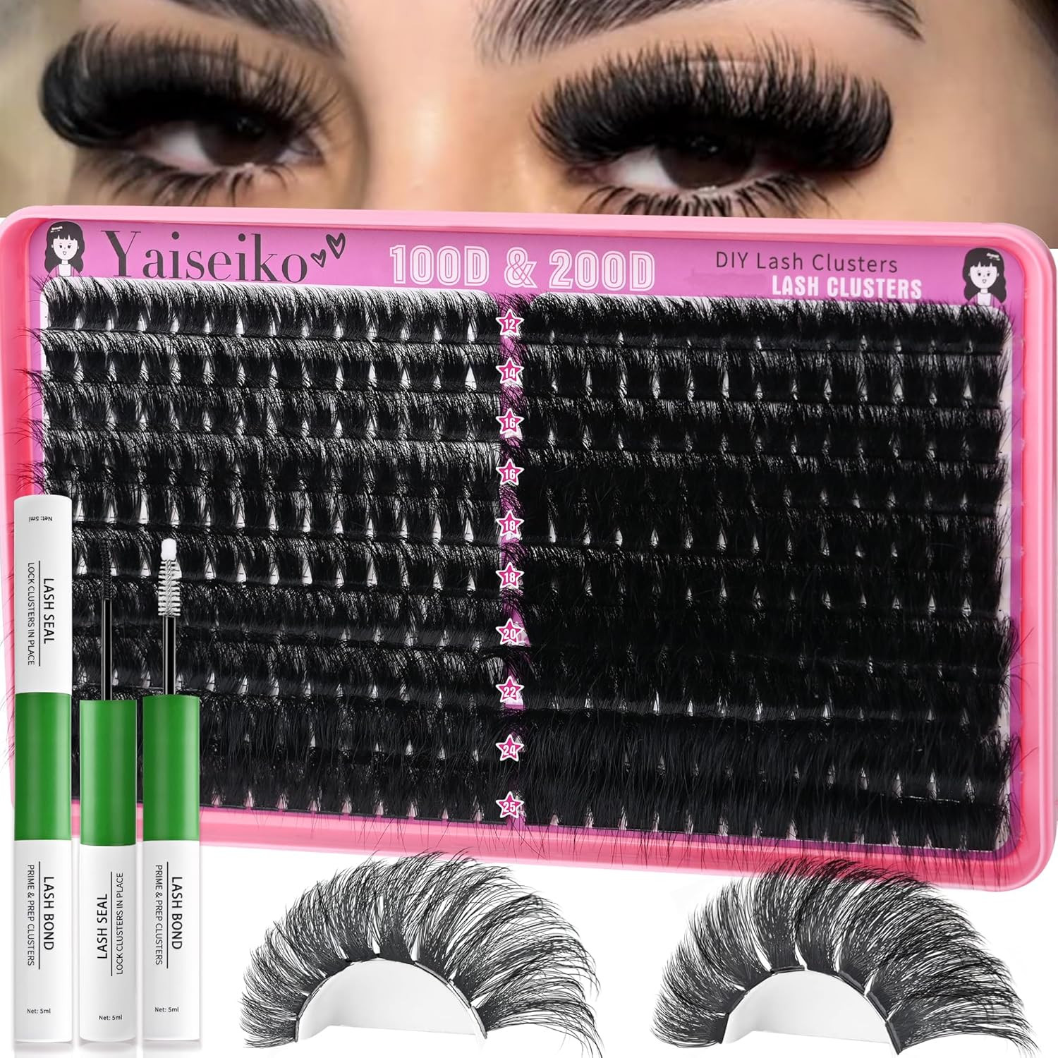 Yaiseiko Lash Clusters Kit 100D+200D Thick Volume Eyelash Clusters Kit 12-25Mm W