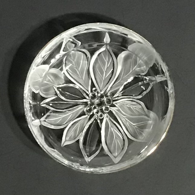 Vintage 5” Round Dish, Poinsettia Bloom, Frosted, Gold-Trimmed