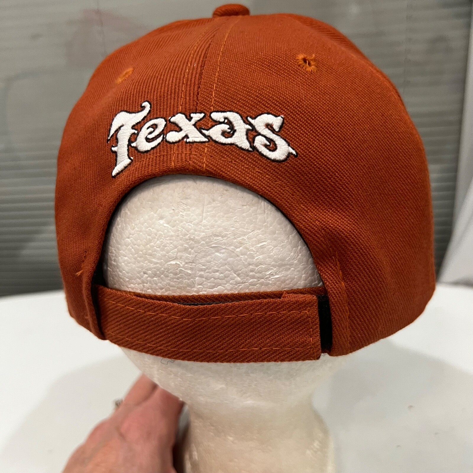 Texas in White on Orange Hat Cap Hook Loop Texas Headwear EUC