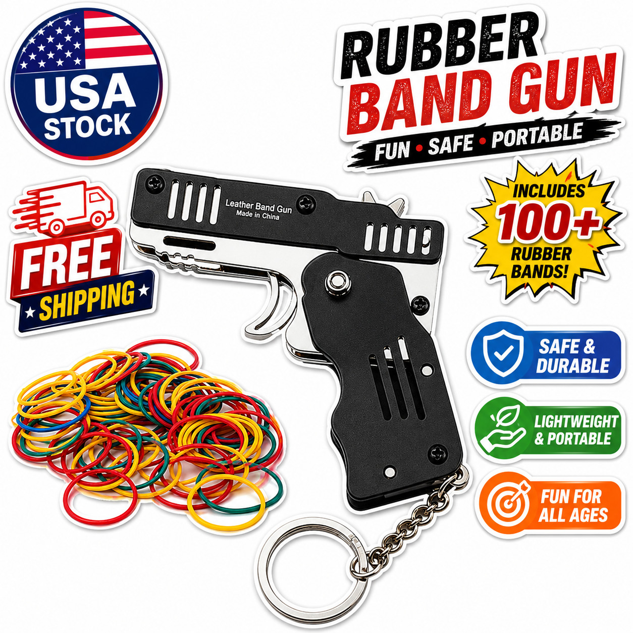 Mini Rubber Band Gun Metal Folding Gun Keychain with 60 Rubber Bands Made Entir