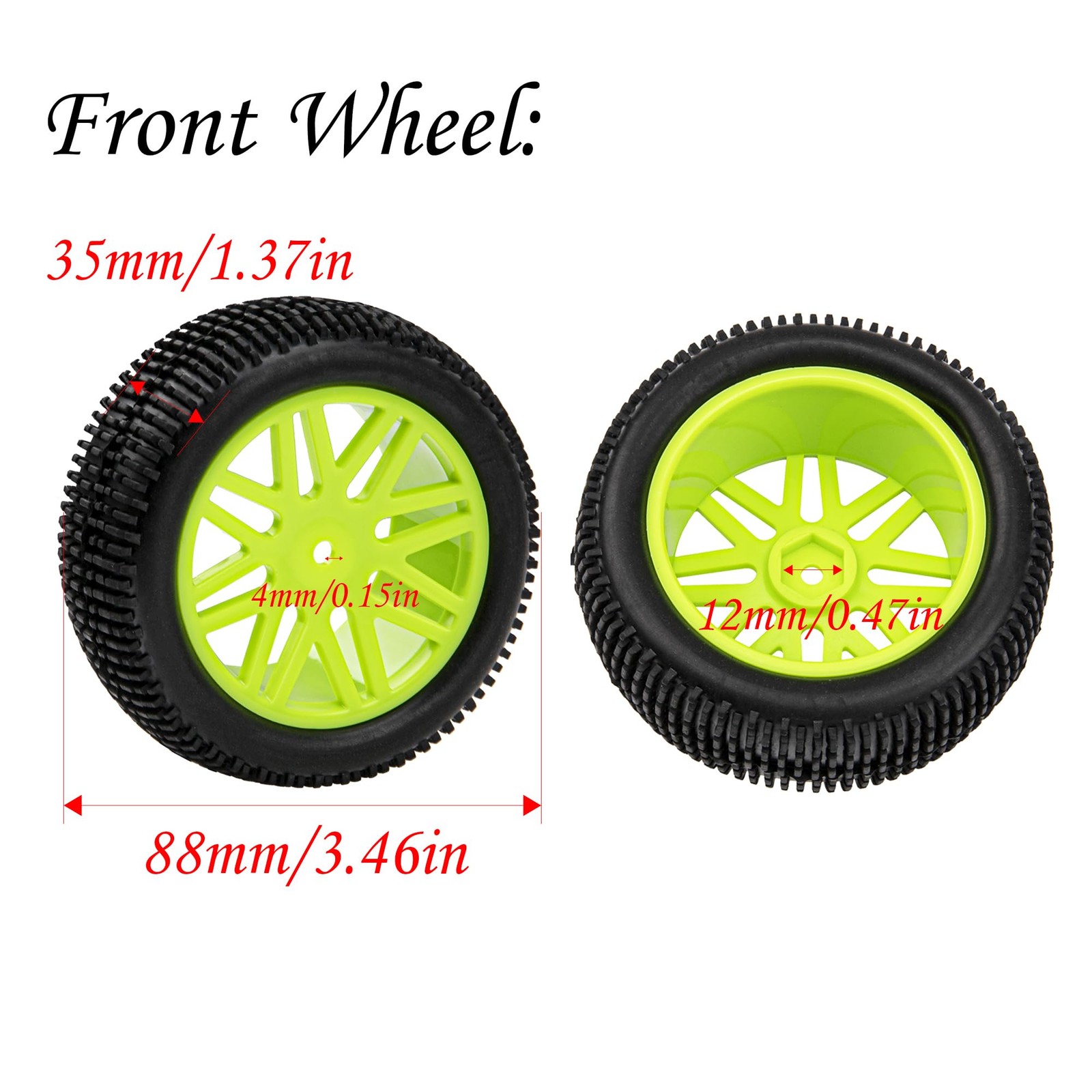 12mm Hex Wheel Rims & OD 88mm/3.46" Tires with Foam Front Rear Wheel with Red...