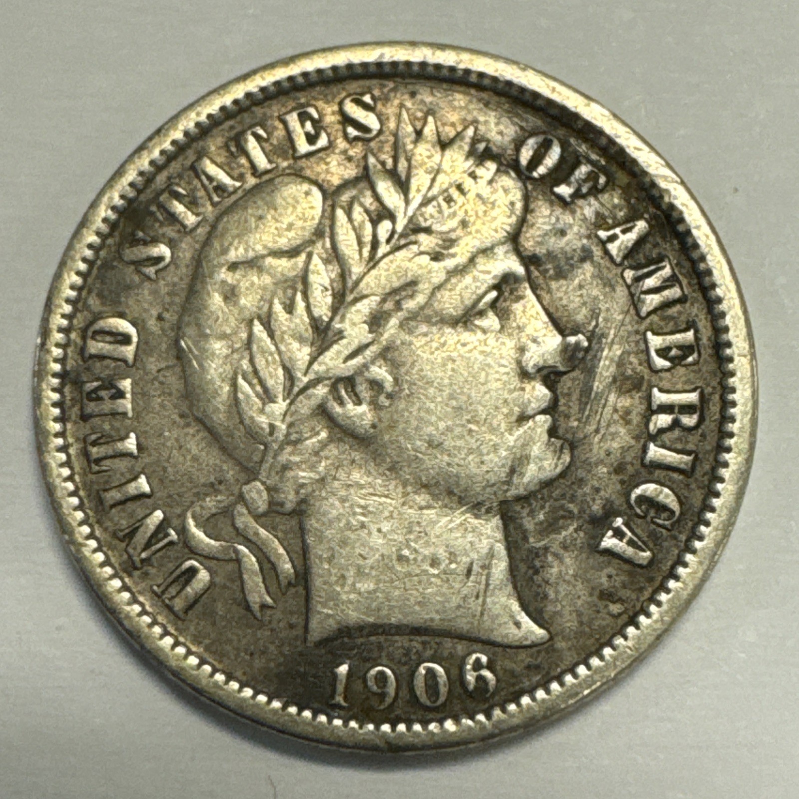 1906-O Barber Silver Dime VF Details - Hit To Nose