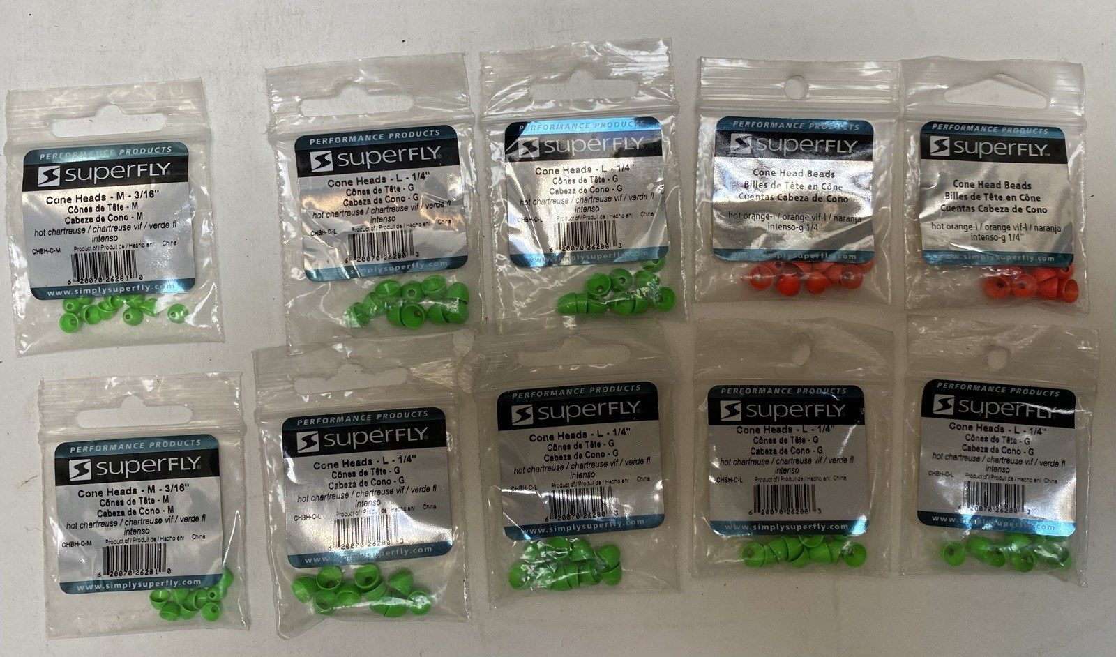 SuperFly Fluorescent Fly Tying Cone Heads , 10 Packs, 100 Cones 3/16” & 1/4”