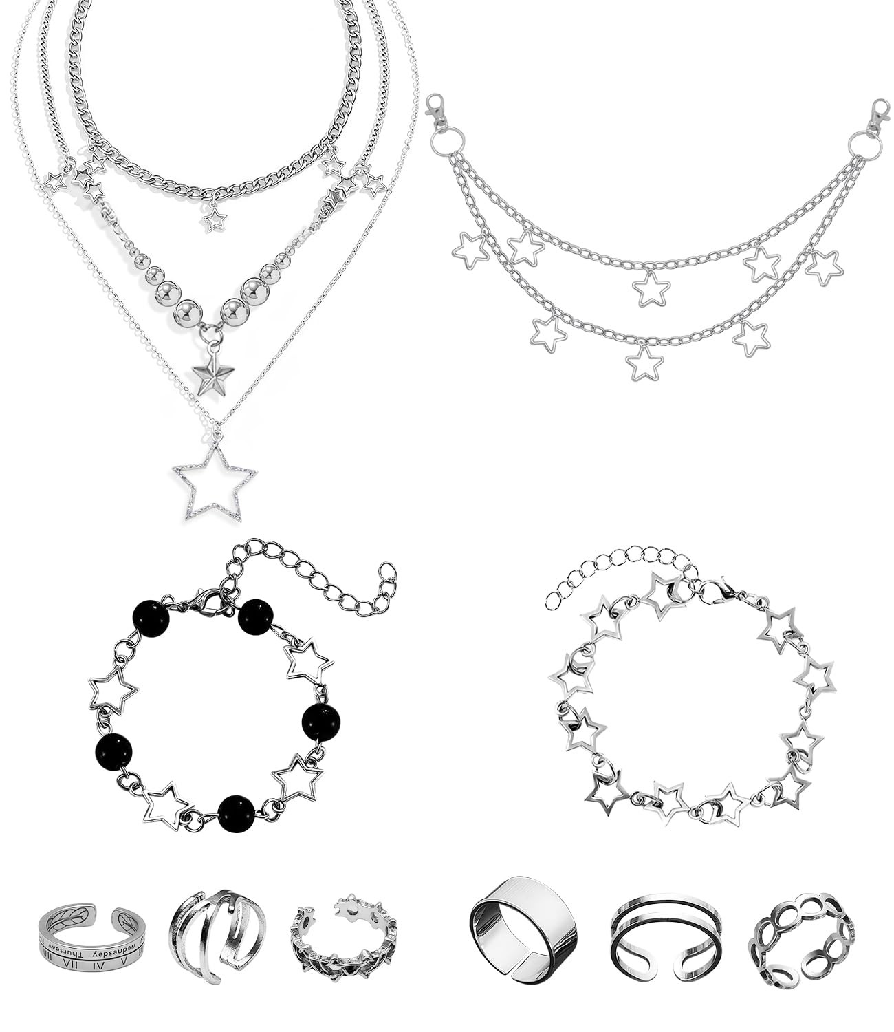 Molirex 12 Pcs Y2k Necklace Stack Layered Silver Jewelry Set Star