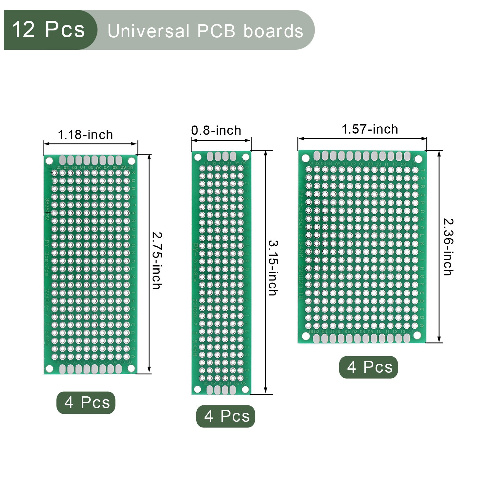 12Pc Double-Sided PCB Board,Printed Circuit Board,Prototype Board(Green,3 Sizes)