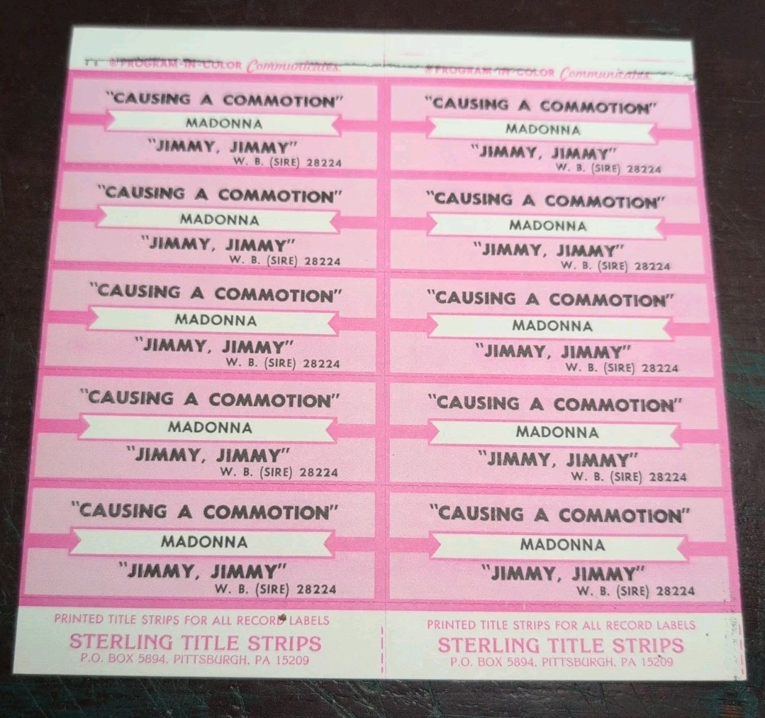 Sterling Jukebox Title Strips Full Sheet Of (10) Madonna "Causing A Commotion"