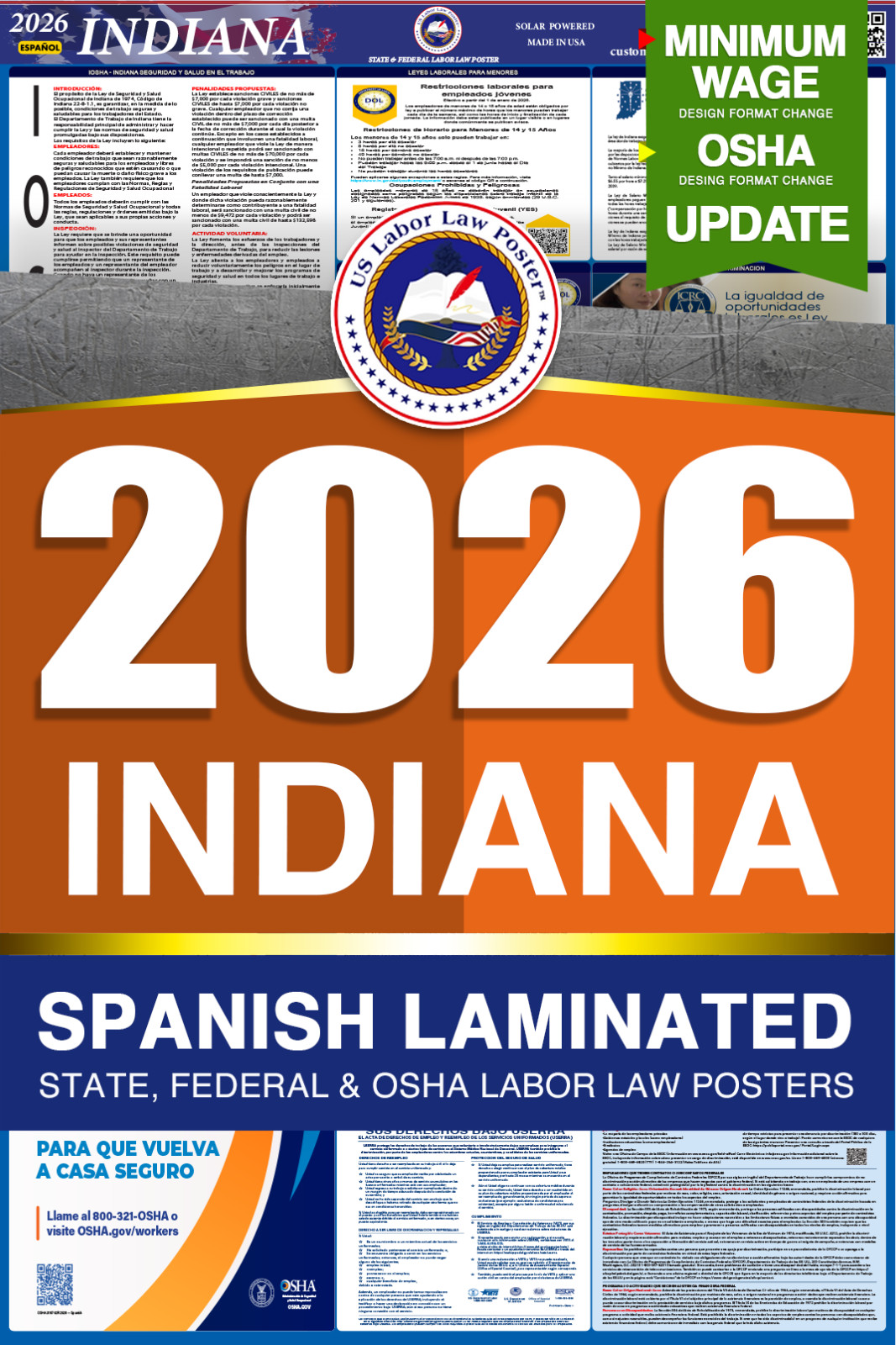 2026 Indiana IN LABOR LAW POSTER (Federal & State) Spanish Laminated