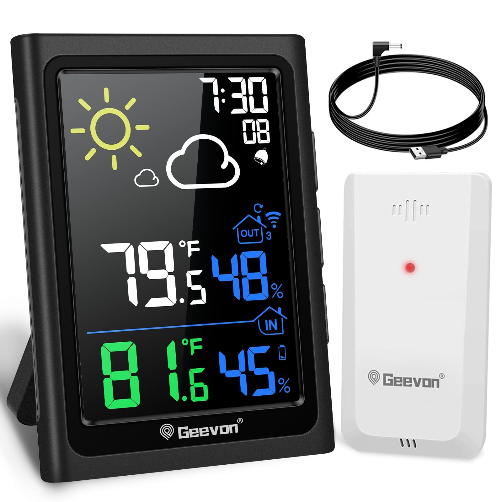Geevon Indoor Outdoor Thermometer Wireless Weather Station with Color Display, D