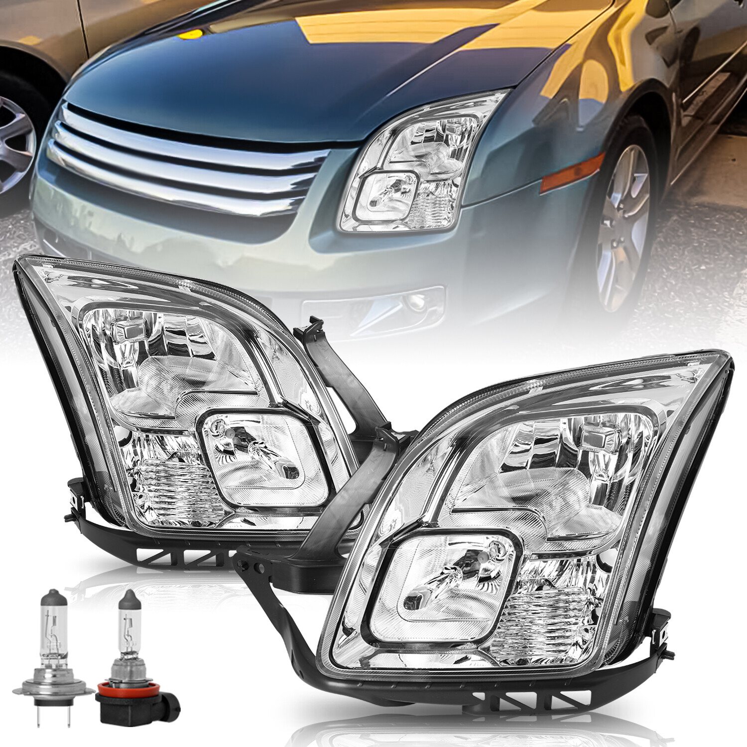 For 2006 2007 2008 2009 Ford Fusion S SE SEL Chrome Headlights Assembly W/Bulb