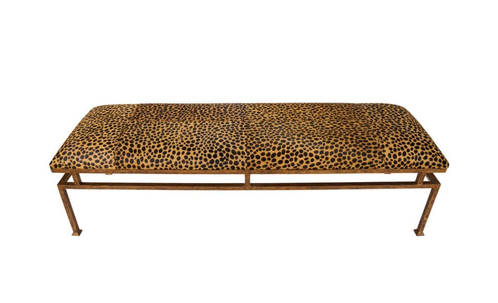 LEOPARD HIDE SKIN & LEATHER METAL BENCH-60''W