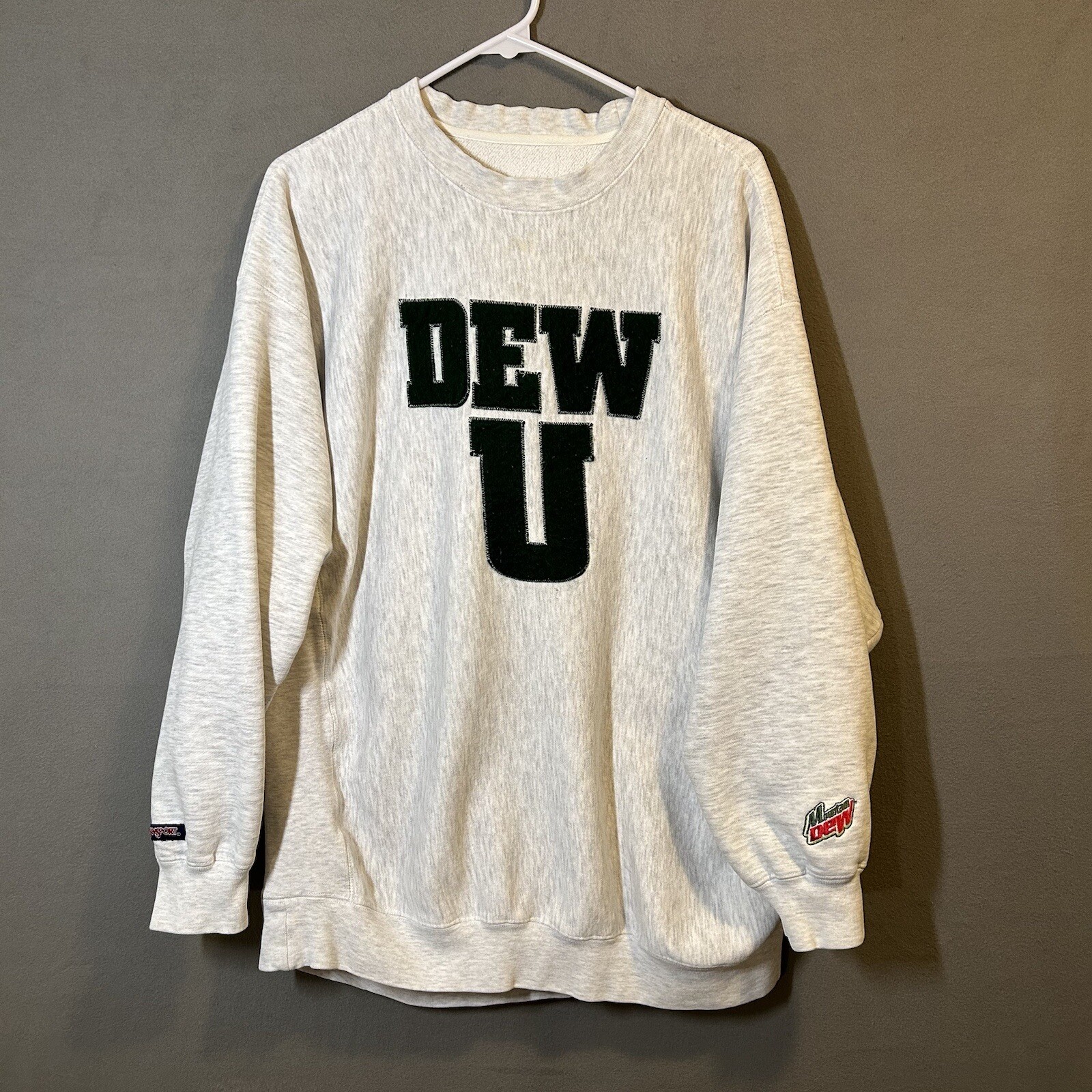 VTG 90s  DEW U Reverse Weave Crew Adult Fits XL Grey Jansport Mountain Dew