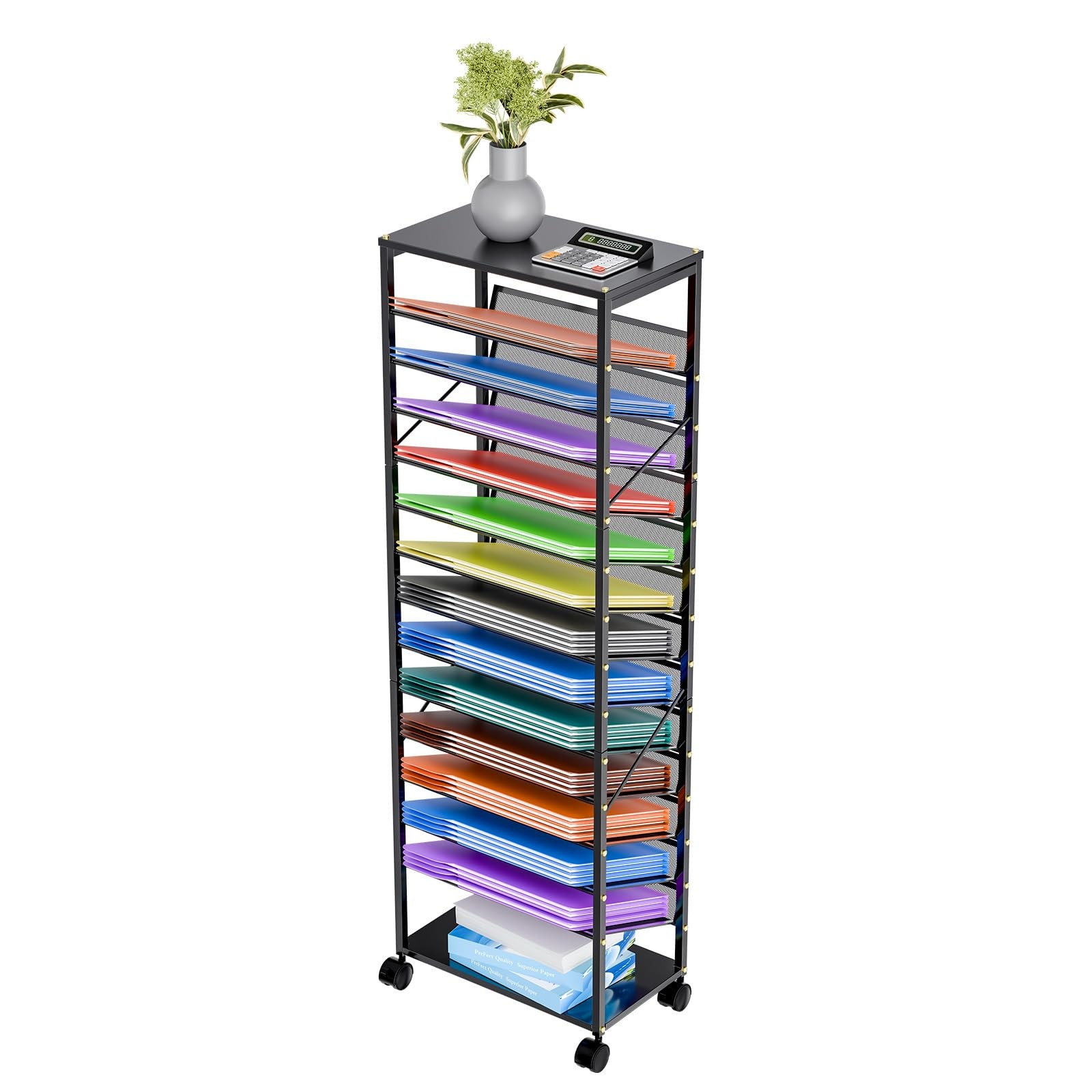 15 Tier Rolling File Cart, Sturdy and Durable Desk File Organizer with Metal ...