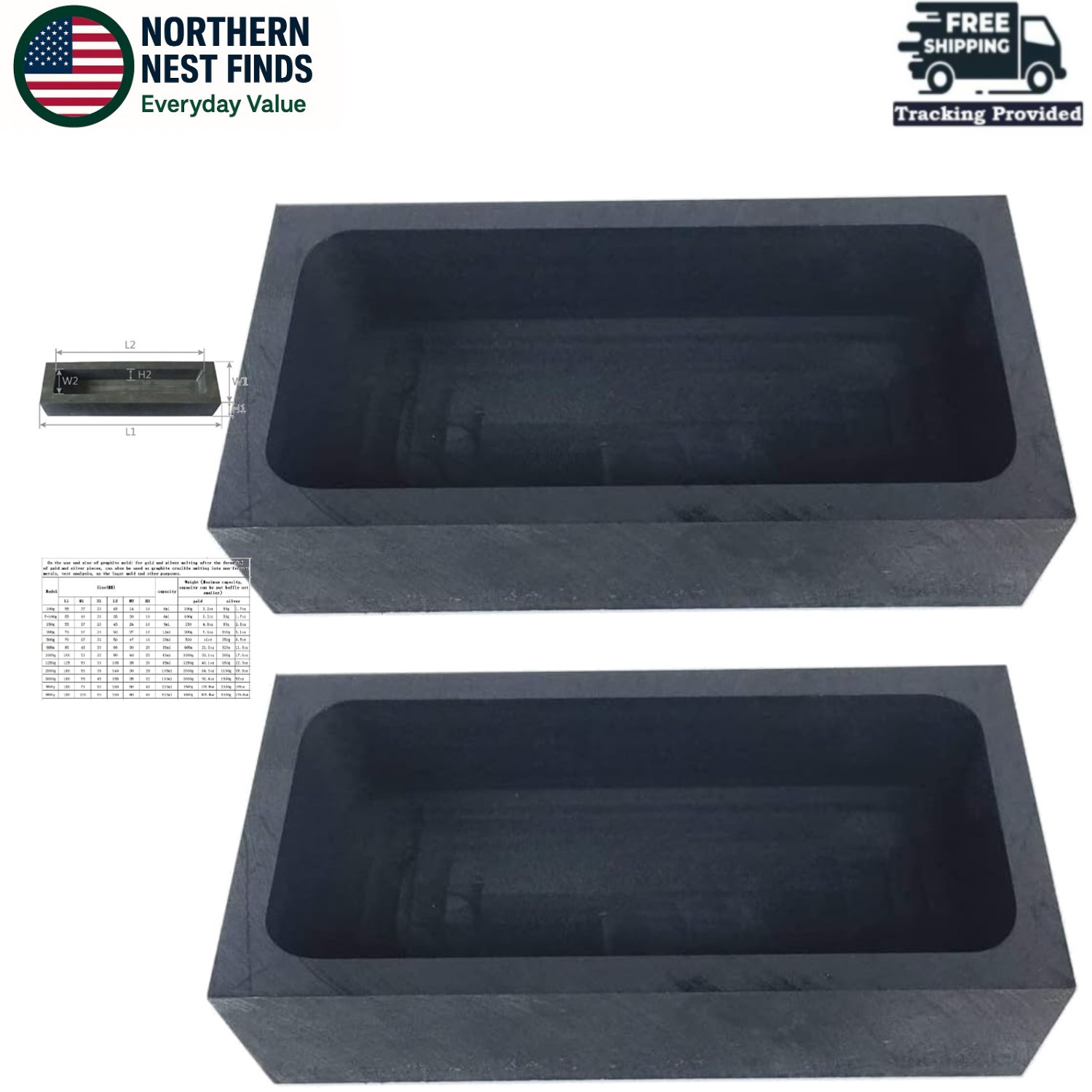 Versatile Black Graphite Ingot Mold - 2pcs for Casting Gold & Non-Ferrous Metals
