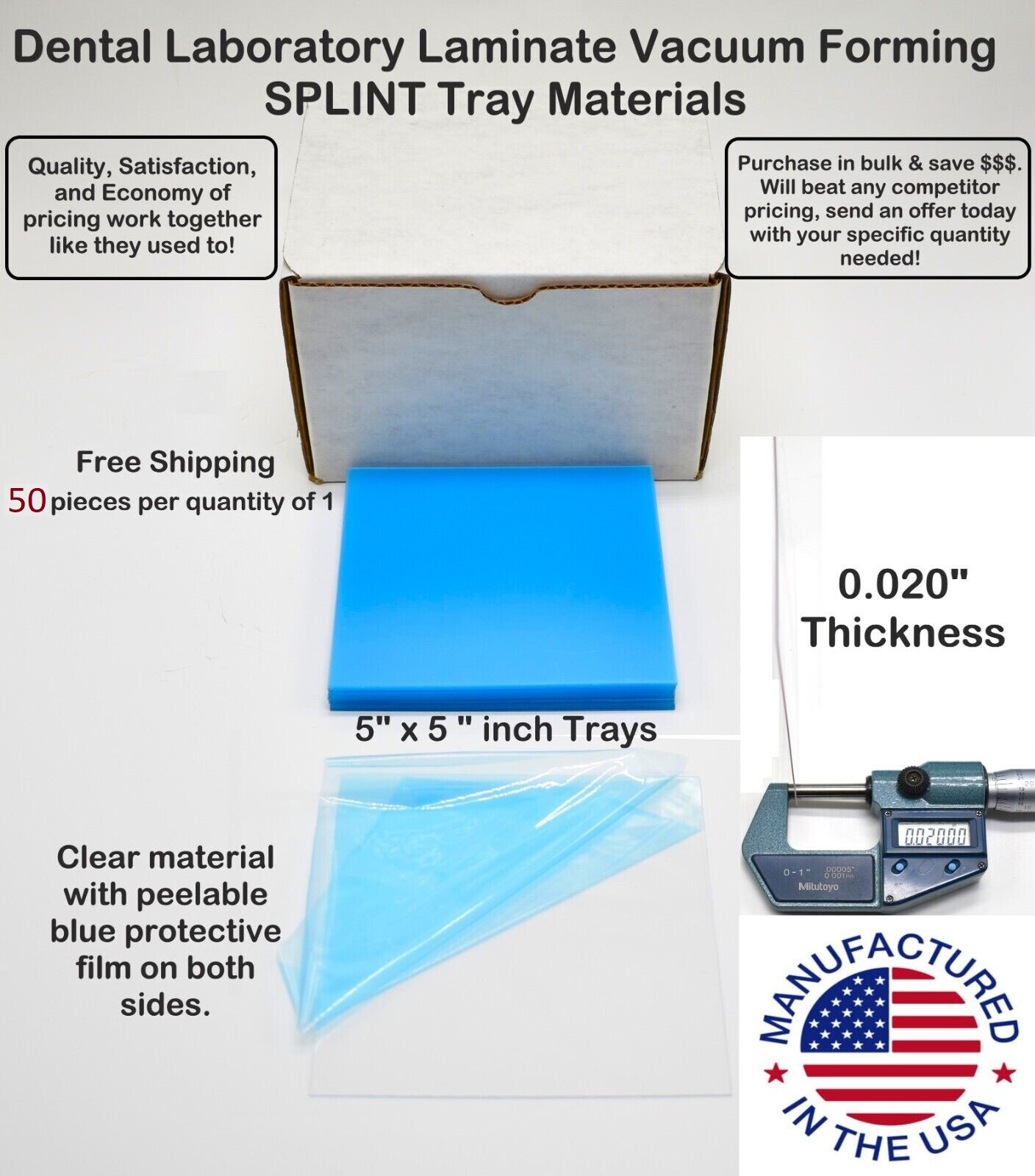 50 Dental Lab .020" Clear Splint Material 5" x 5" Vacuum Forming Sheets Retainer
