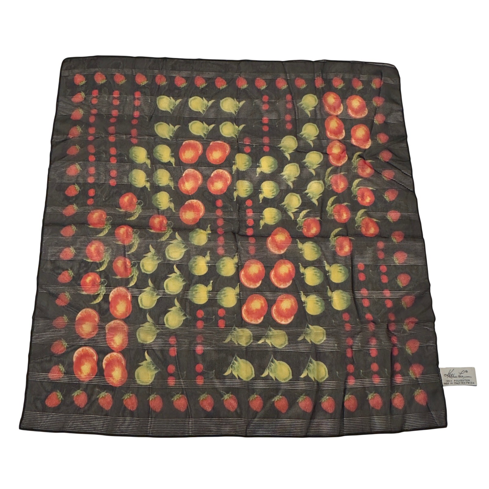 Kathie Lee Vintage Fruit Print Square Scarf Black Sheer Made in Italy 90s Y2K