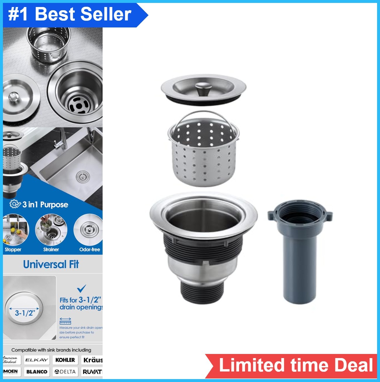 Kitchen Sink Drain Assembly 3.5 Inch 304 Stainless Steel Removable Strainer