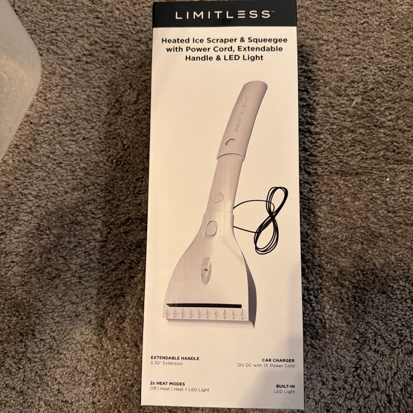 NIB Limitless (White) Heated Ice Scraper & Squeegee 12V W/carCharger & LED Light