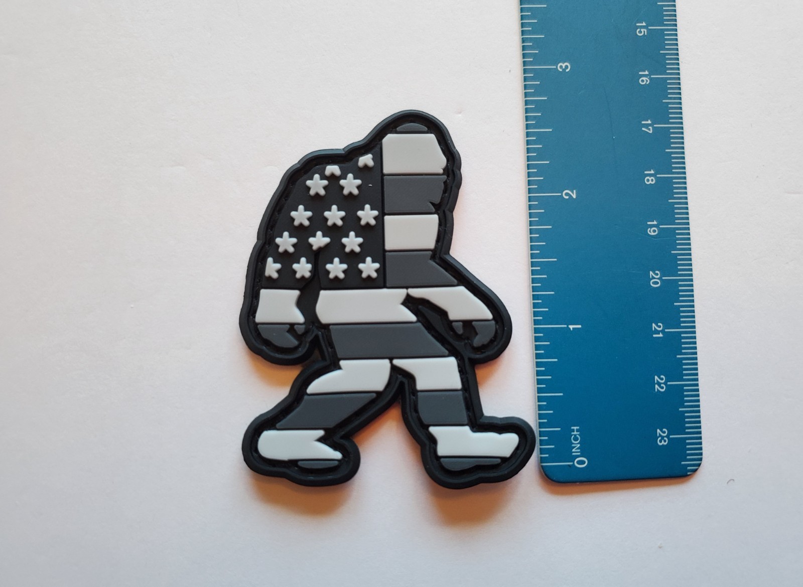 Bigfoot Sasquatch USA Flag PVC Morale patch Hook & Loop 2" x 2.5" Black & Grey