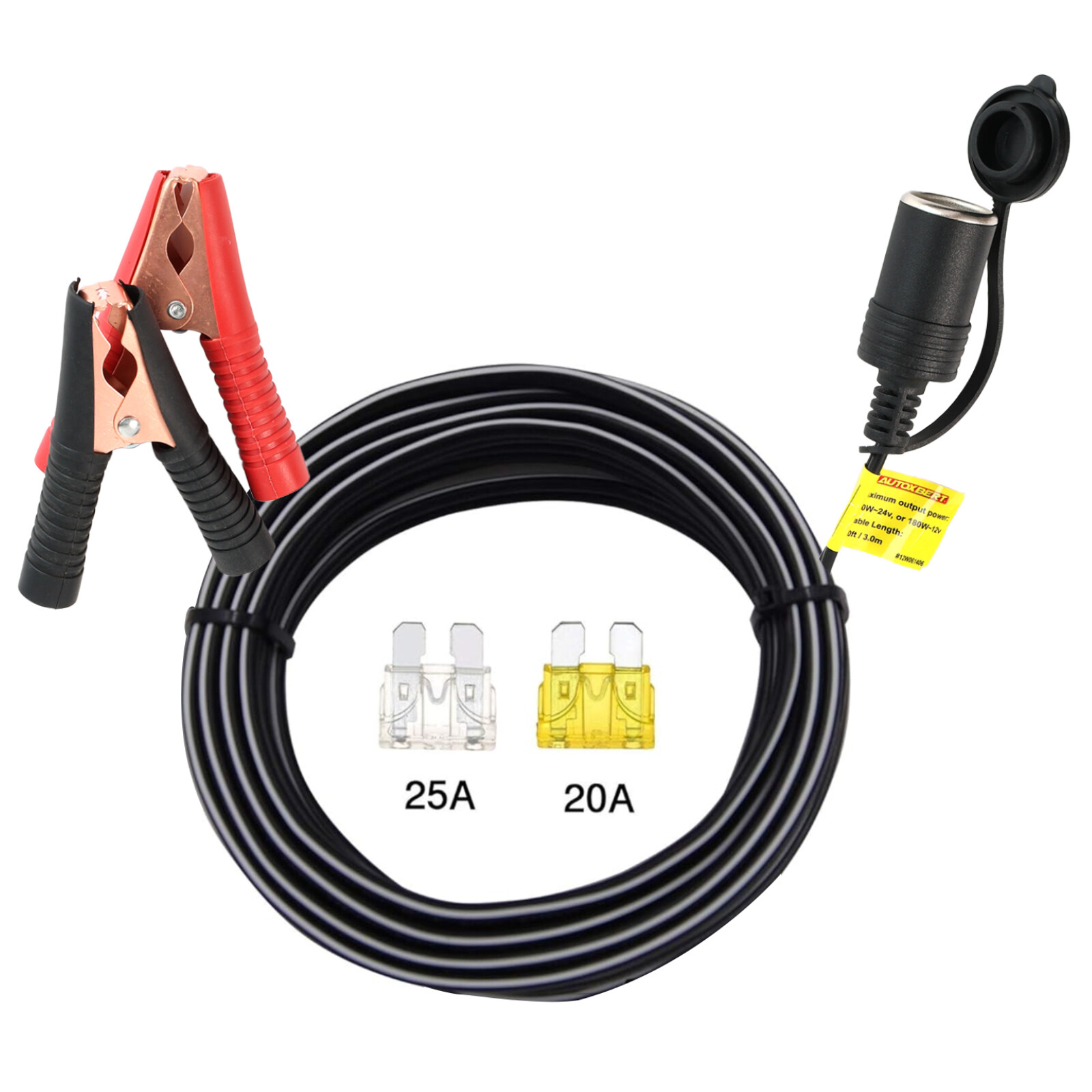 Car Cigarette Lighter Socket To Battery Alligator Clip Extension Cable 12V 10FT