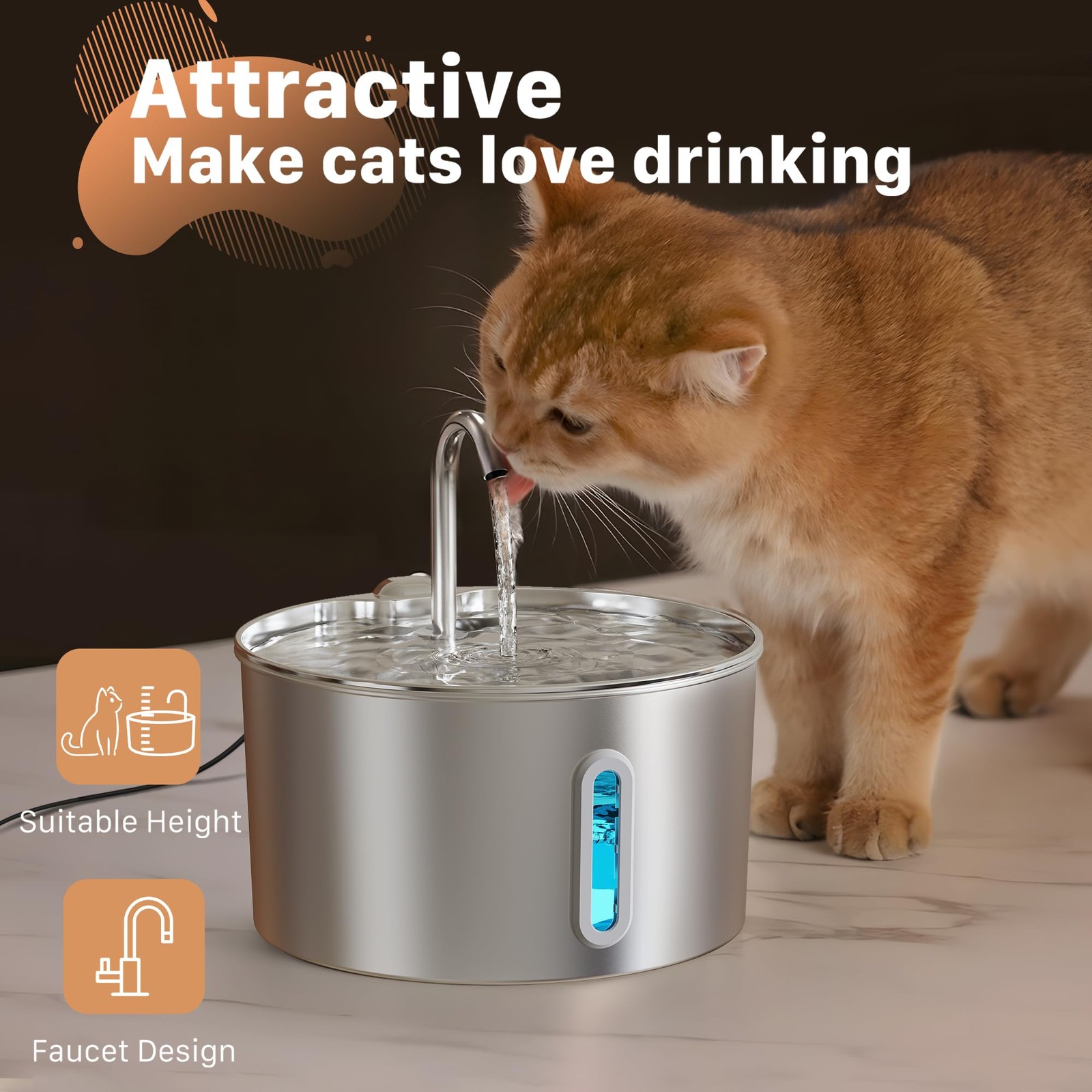 Cat Water Fountain Stainless Steel: 2.2 L Cat Fountain for Drinking - Automat...