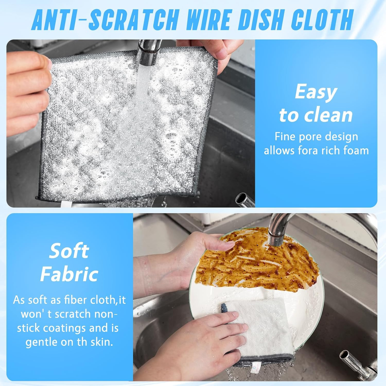 10 PCS Four-Layer Non-Scratch Multipurpose Steel Wire Dishcloths - Reusable Quic